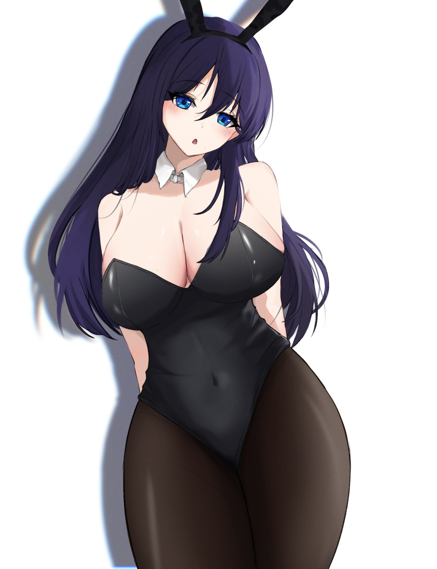 1girl absurdres animal_ears bare_shoulders black_leotard blue_eyes breasts cleavage commentary covered_navel detached_collar english_commentary fake_animal_ears highres large_breasts leotard long_hair looking_at_viewer naoruhinata open_mouth original pantyhose playboy_bunny purple_hair rabbit_ears simple_background solo standing strapless strapless_leotard very_long_hair white_background