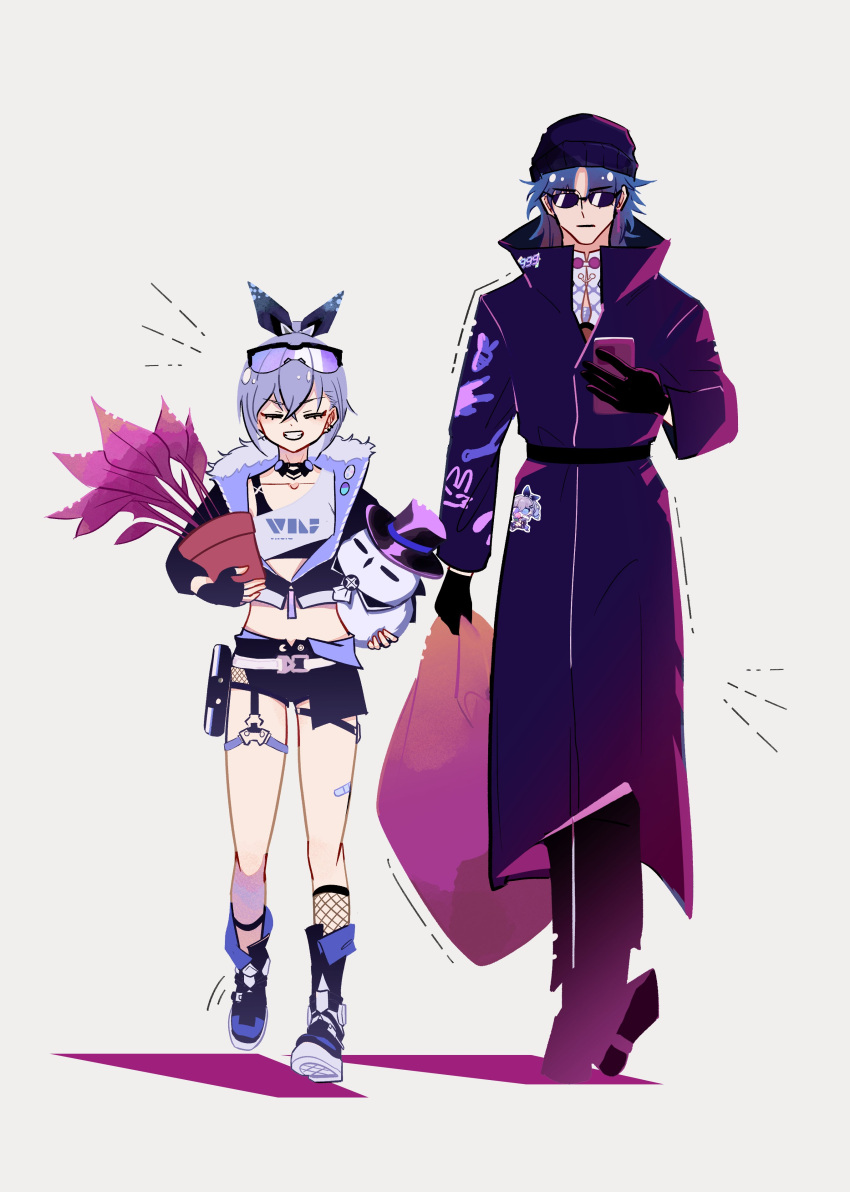 1boy 1girl absurdres beanie black_gloves black_hat black_pants black_shorts blade_(honkai:_star_rail) blue_hair cellphone dio_lost full_body gloves hand_up hat highres holding holding_phone holding_plant honkai:_star_rail honkai_(series) incognito long_hair owlbert_(honkai:_star_rail) pants parted_bangs phone plant shorts silver_wolf_(honkai:_star_rail) simple_background smartphone stuffed_owl sunglasses very_long_hair walking white_background