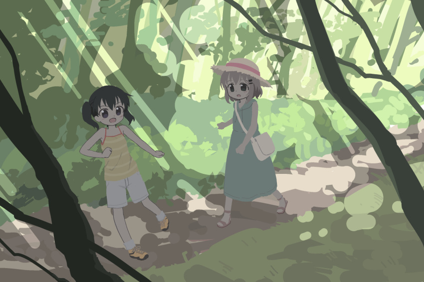 2girls :d bag bare_arms bare_shoulders black_hair blush brown_footwear brown_hat camisole commission day drawstring dress green_dress grey_eyes hair_ornament hairclip hat highres hood hood_down hooded_dress kibisake kuraue_hinata multiple_girls nature outdoors path purple_eyes sandals shoes shorts shoulder_bag skeb_commission sleeveless sleeveless_dress smile socks straw_hat striped_camisole twintails v-shaped_eyebrows white_shorts white_socks yama_no_susume yellow_camisole yukimura_aoi