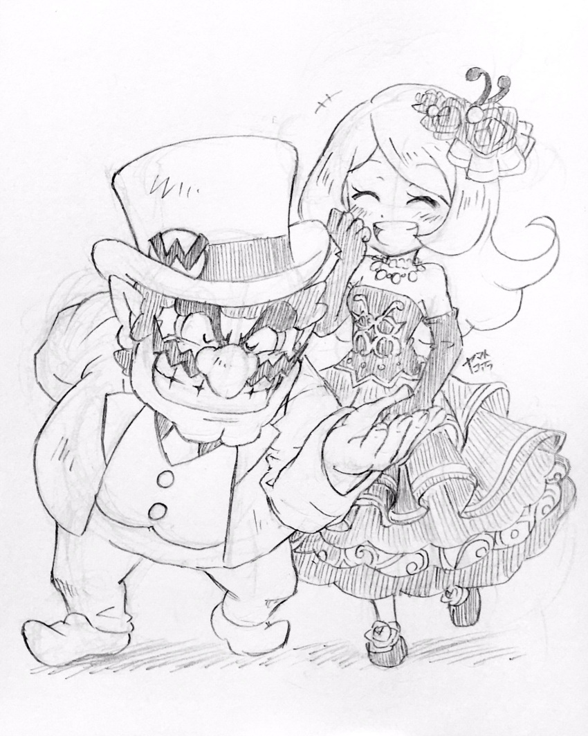 1boy 1girl bowing cleft_chin closed_eyes dress elbow_gloves facial_hair frilled_dress frills gloves grin hat highres laughing long_hair mona_(warioware) mustache sketch smile suit top_hat traditional_media wario warioware yamato_koara