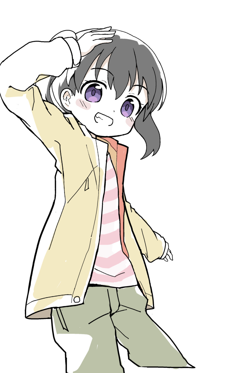 1girl arm_up black_hair blush_stickers brown_jacket brown_pants commission grin hair_between_eyes highres jacket kibisake kuraue_hinata long_sleeves looking_at_viewer open_clothes open_jacket pants puffy_long_sleeves puffy_sleeves purple_eyes shirt simple_background skeb_commission sleeves_past_wrists smile solo striped_clothes striped_shirt twintails white_background yama_no_susume