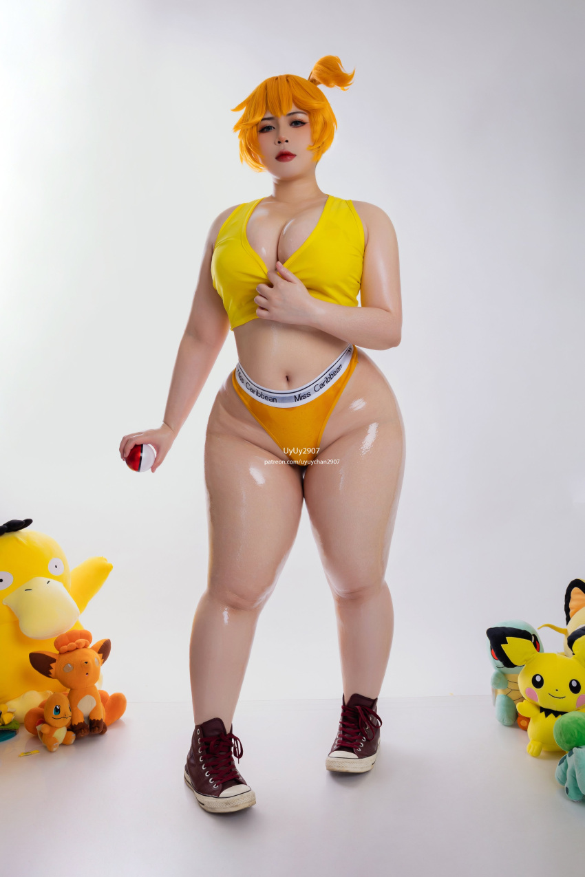 1girl absurdres adapted_costume asian asymmetrical_hair bare_legs blush breasts bulbasaur charmander cosplay cosplay_photo cowboy_shot green_eyes highres holding holding_poke_ball large_breasts legs looking_at_viewer meowth misty_(pokemon) orange_hair patreon_username photo_(medium) pichu plump poke_ball poke_ball_(basic) pokemon pokemon_(anime) pokemon_(classic_anime) ponytail psyduck shiny_skin shirt shoes short_hair side_ponytail sideboob simple_background solo squirtle tank_top thick_thighs thighs thong uy_uy_(uyuy2907) vulpix web_address wet white_background wide_hips yellow_shirt yellow_tank_top
