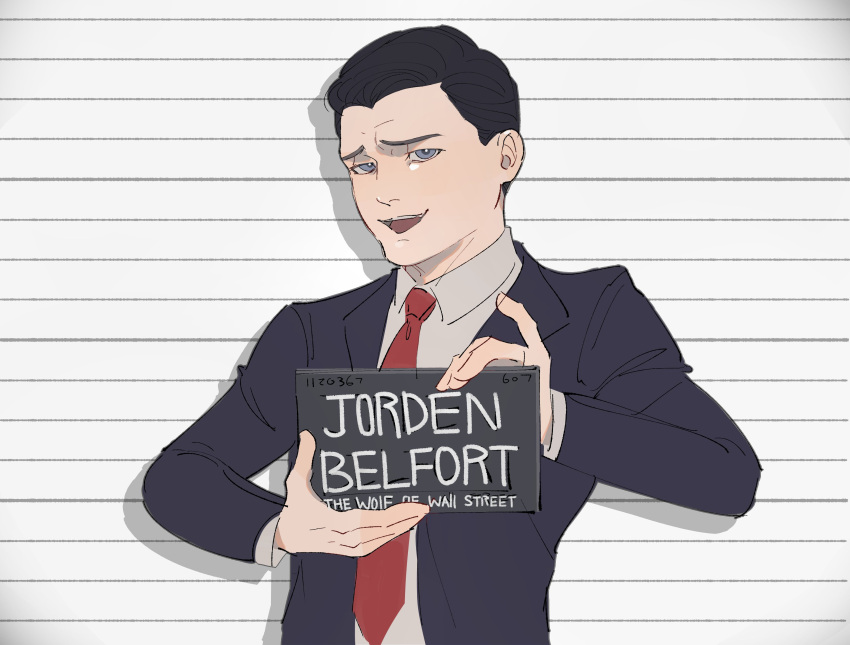 1boy absurdres black_hair black_jacket blue_eyes collared_shirt dio_lost hair_slicked_back highres jacket jordan_belfort long_sleeves looking_at_viewer male_focus necktie open_mouth red_necktie shirt smile solo suit the_wolf_of_wall_street upper_body white_shirt