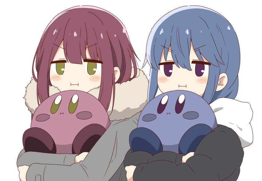 2girls blue_hair blush brown_hair closed_mouth green_eyes hair_between_eyes highres holding hood hoodie jacket kirby kirby_(series) long_hair long_sleeves looking_at_viewer multiple_girls purple_eyes shima_rin shirt simple_background toki_ayano white_background yurucamp zunmut