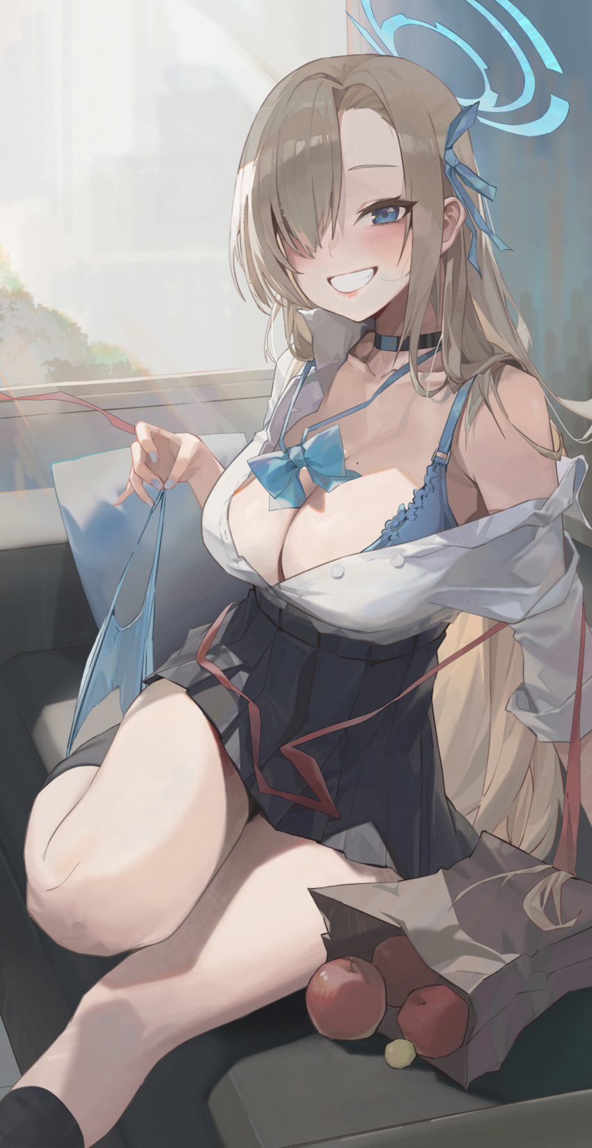 1girl absurdres apple asuna_(blue_archive) bag black_choker black_skirt black_socks blonde_hair blue_archive blue_bra blue_eyes blue_nails blue_panties blush bra breasts cc_drawing choker food fruit grin hair_over_one_eye hair_ribbon halo highres indoors kneehighs large_breasts long_hair mole mole_on_breast open_clothes open_shirt panties panties_around_one_ankle panty_pull paper_bag pulled_by_self red_ribbon ribbon skirt smile socks solo underwear very_long_hair