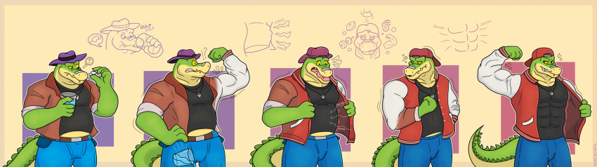 2024 absurd_res alligator alligatorid anthro bottomwear brok_(brok_the_investigator) brok_the_investigator clothing cowcat_games crocodilian green_body guacandchips hat headgear headwear hi_res humanoid_hands male musclegut muscular muscular_male pants reptile scalie shirt slightly_chubby solo topwear transformation