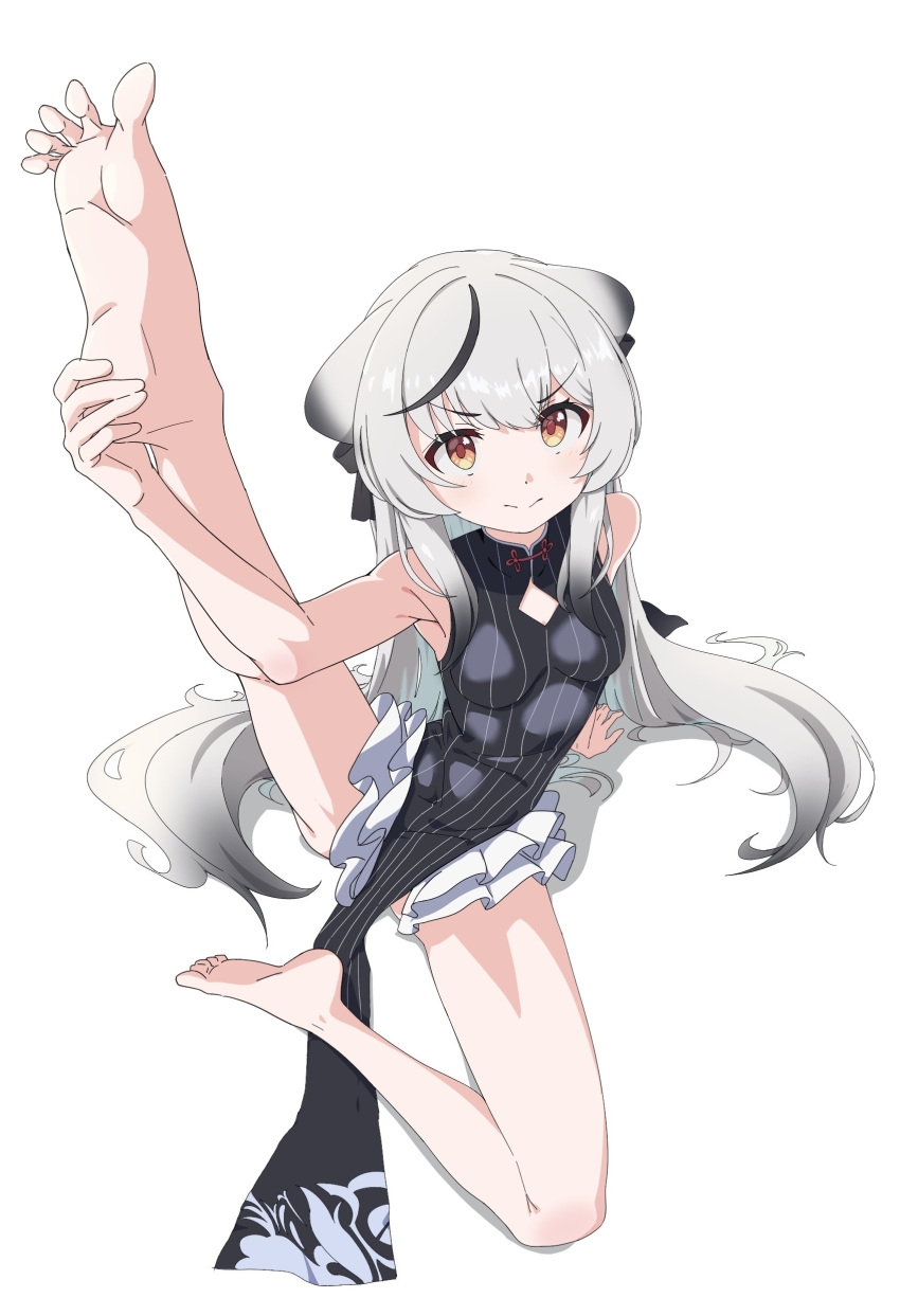 1girl absurdres animal_ears bare_legs bare_shoulders barefoot black_dress black_hair blue_archive blush breasts diamond_cutout dress full_body grey_hair highres kokona_(blue_archive) leg_up long_hair looking_at_viewer multicolored_hair no_halo orange_eyes papiyon1297 simple_background small_breasts smile soles solo streaked_hair striped_clothes striped_dress tiger_ears tiger_girl toes vertical-striped_clothes vertical-striped_dress white_background yoga