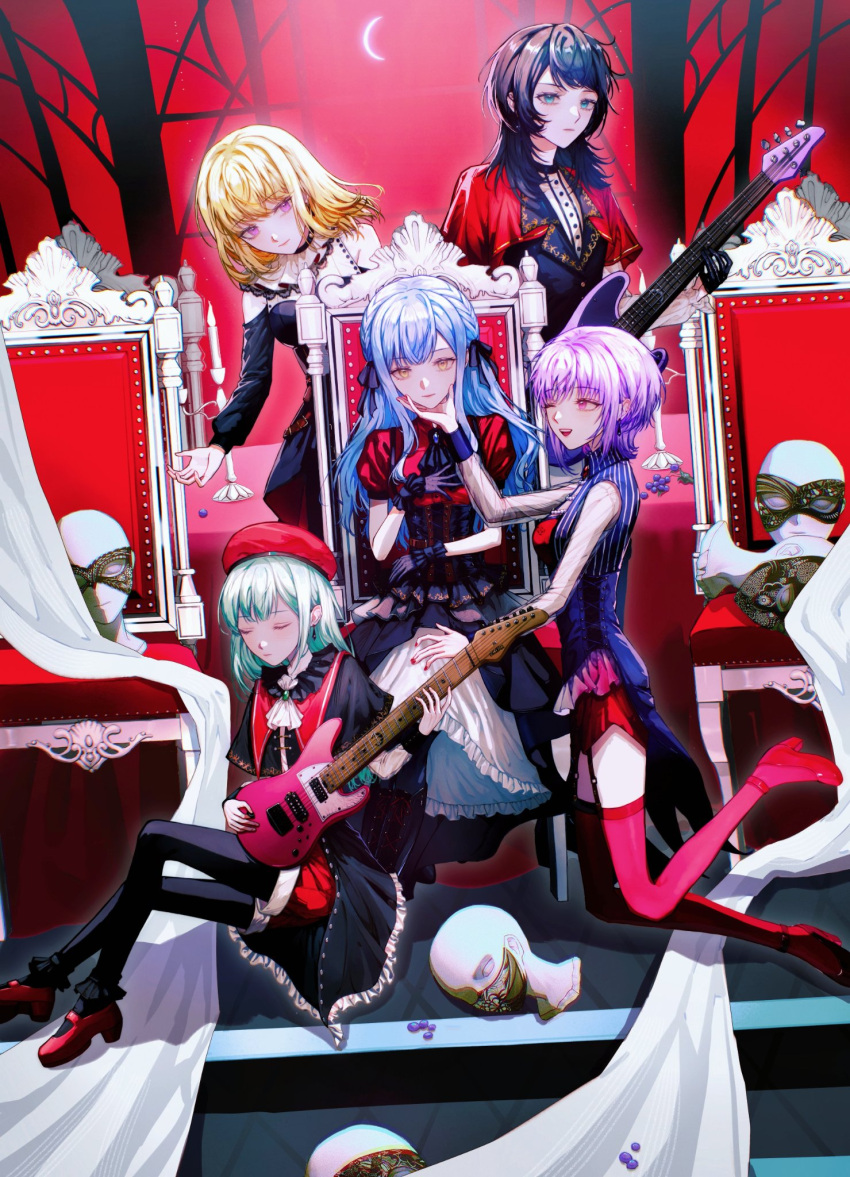 5girls ave_mujica_(bang_dream!) bang_dream! bang_dream!_it's_mygo!!!!! bass_guitar black_dress black_gloves black_hair black_mask black_pantyhose black_ribbon blonde_hair blue_eyes blue_hair candle capelet closed_eyes closed_mouth commentary crescent_moon domino_mask dress electric_guitar gloves green_hair guitar hair_ribbon hand_on_another's_chin highres holding holding_guitar holding_instrument instrument long_hair mask medium_hair misumi_uika moon multiple_girls off-shoulder_dress off_shoulder one_eye_closed pantyhose pink_eyes pink_footwear pink_thighhighs purple_eyes purple_hair red_capelet red_footwear red_hair red_shirt ribbon see-through see-through_sleeves shirt short_sleeves sitting smile thighhighs throne tianzhongdouyi1 togawa_sakiko wakaba_mutsumi yahata_umiri yellow_eyes yuutenji_nyamu