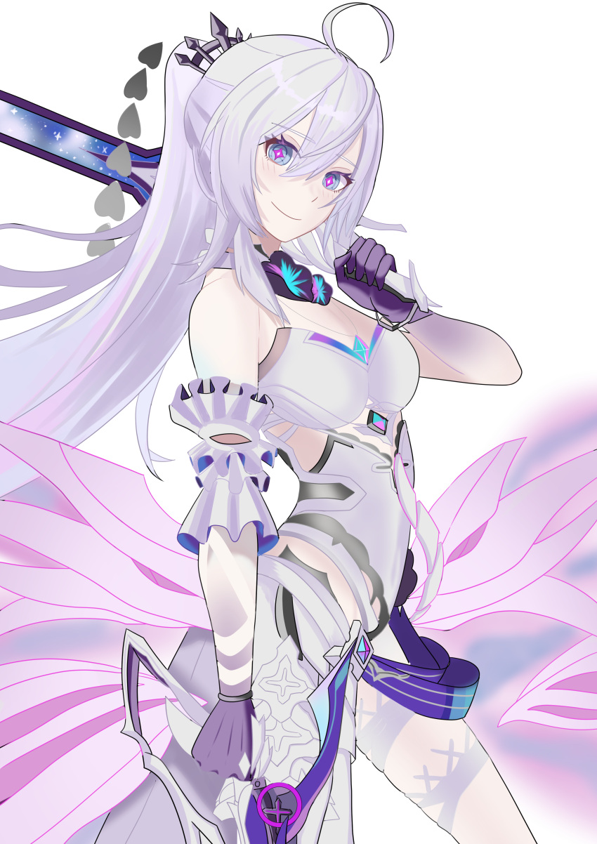 1girl absurdres ahoge breasts cleavage closed_mouth dress dual_wielding gloves gun handgun highres holding holding_gun holding_sword holding_weapon honkai_(series) honkai_impact_3rd kiana_kaslana kiana_kaslana_(herrscher_of_finality) long_hair medium_breasts ponytail purple_eyes purple_gloves simple_background smile solo sword syntr_log very_long_hair weapon white_background white_dress white_hair