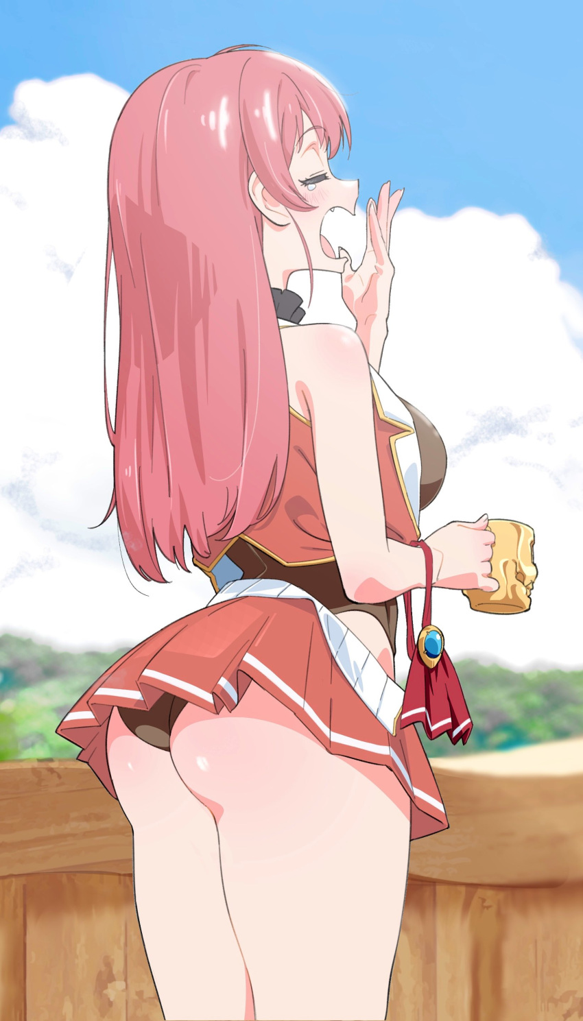 1girl absurdres alternate_hairstyle ass black_leotard blue_sky blurry blurry_background blush breasts closed_eyes cloud cup day fang from_behind hand_to_own_mouth highres holding holding_cup hololive houshou_marine large_breasts leotard long_hair miniskirt mug outdoors profile red_hair saitama_(antitankromeo) skirt sky solo tears virtual_youtuber yawning