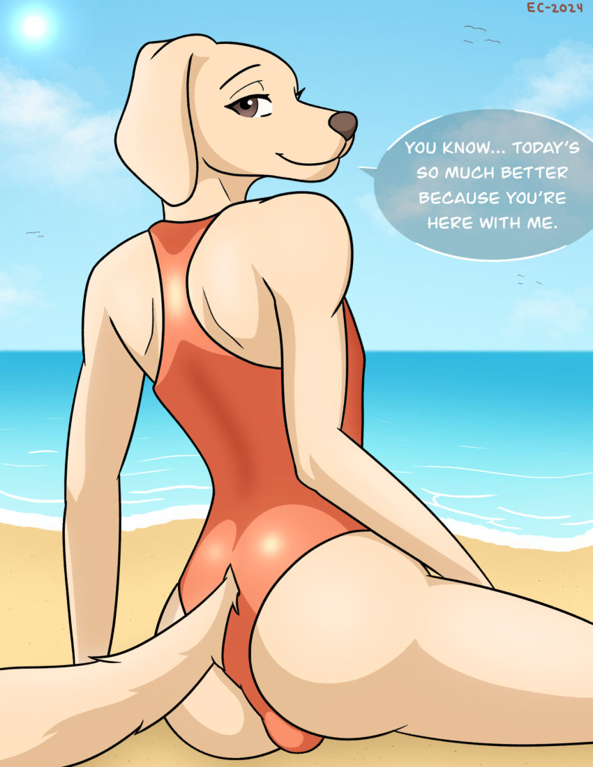 anthro beach beastars bird_dog brown_eyes bulge butt canid canine canis clothed clothing crossdressing dialogue domestic_dog enlightenedcat femboy hi_res hunting_dog jack_(beastars) labrador male mammal orange_clothing orange_swimwear retriever sand sea smile smiling_at_viewer solo speech_bubble swimwear talking_to_viewer tan_body water