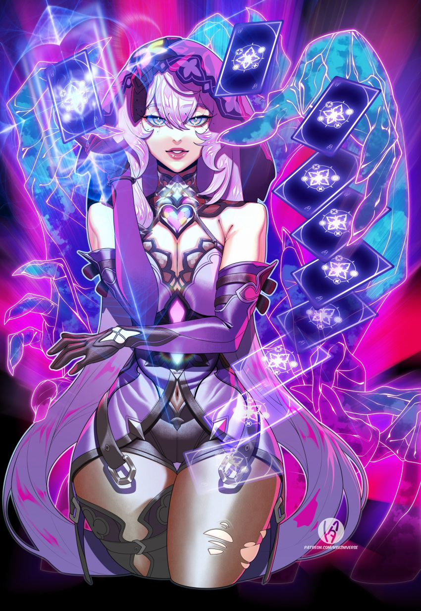 absurdres black_swan_(honkai:_star_rail) card cropped_legs dress elbow_gloves gloves hair_spread_out highres holding holding_card honkai:_star_rail honkai_(series) krezniverse lips long_hair looking_at_viewer purple_dress purple_gloves purple_hair purple_veil veil