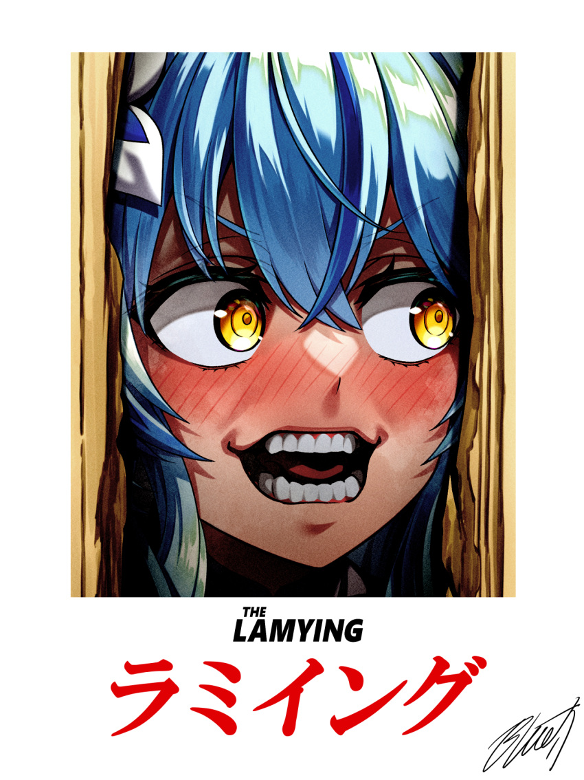 1girl blush buru-dai constricted_pupils crazy_smile crossed_bangs double-parted_bangs flower hair_flower hair_ornament here's_johnny!_(meme) highres hololive long_hair meme open_mouth parody portrait poster_parody sideways_glance smile solo the_shining virtual_youtuber yellow_eyes yukihana_lamy