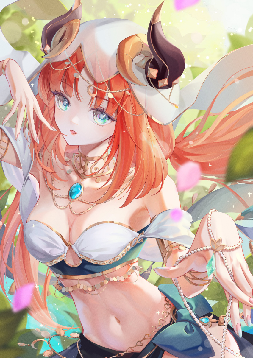 1girl absurdres adapted_costume armlet bare_shoulders blue_eyes commentary crop_top fake_horns genshin_impact highres horns jewelry kns_hanazuna long_hair looking_at_viewer midriff navel neck_ring nilou_(genshin_impact) off-shoulder_shirt off_shoulder parted_lips red_hair shirt short_sleeves solo stomach upper_body veil very_long_hair