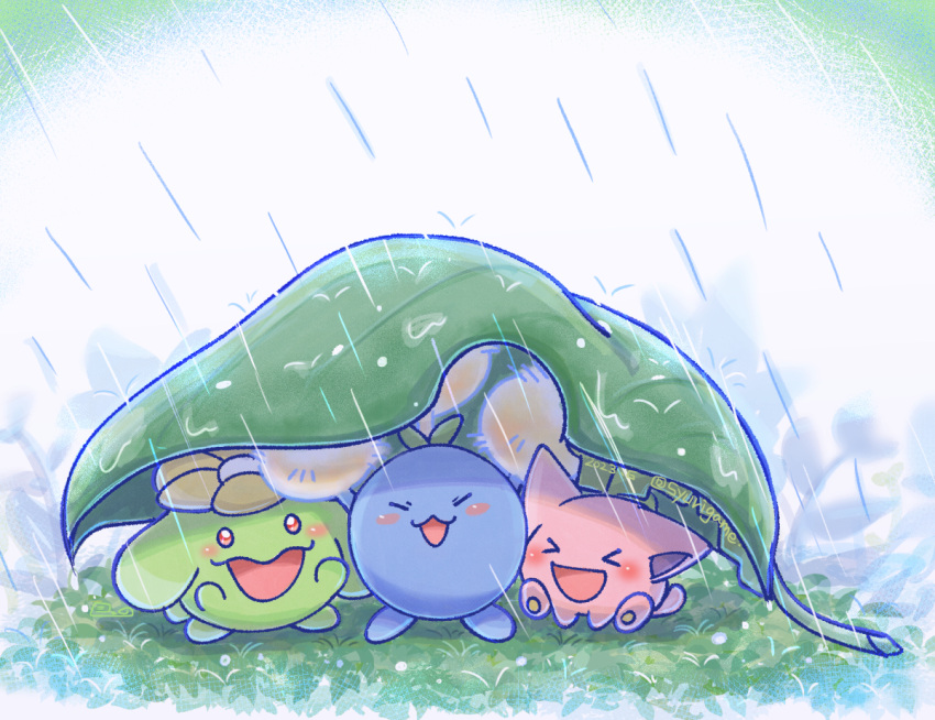 &gt;_&lt; :3 blush_stickers bright_pupils closed_eyes dated evolutionary_line happy hoppip jumpluff leaf_umbrella no_humans on_grass open_mouth outdoors pokemon pokemon_(creature) rain red_eyes shuri_(syurigame) signature skiploom water_drop white_pupils