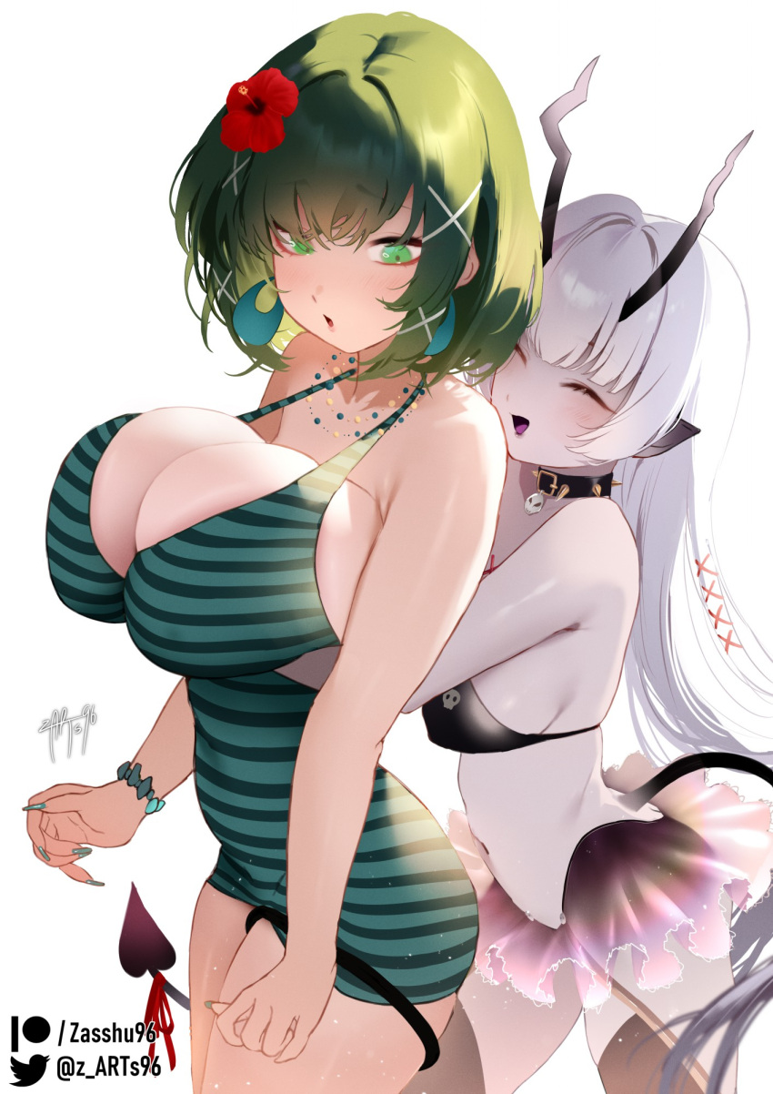 2girls :o bikini black_bikini black_collar blush breast_lift breasts closed_eyes collar commission copyright_request covered_navel demon_girl demon_horns demon_tail earrings flower grabbing grabbing_another's_breast grabbing_from_behind green_eyes green_hair green_nails green_one-piece_swimsuit grey_hair hair_flower hair_ornament hibiscus highres horns jewelry large_breasts long_hair medium_breasts multiple_girls navel necklace old-fashioned_swimsuit one-piece_swimsuit paid_reward_available pointy_ears ribbon short_hair smile spiked_collar spikes strap_gap swimsuit tail tail_ornament tail_ribbon tail_wrap twitter_username very_long_hair white_background x_hair_ornament yuri zasshu