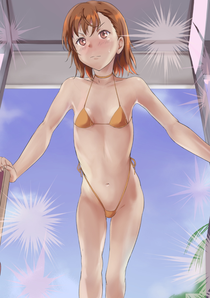 1girl bikini blue_sky bokoboko breasts brown_eyes brown_hair day highleg highleg_bikini highres micro_bikini misaka_mikoto navel orange_bikini outdoors short_hair sky small_breasts solo swimsuit toaru_kagaku_no_railgun toaru_majutsu_no_index