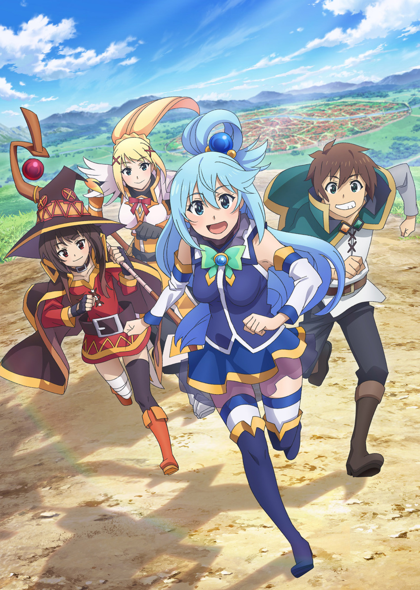 1boy 3girls :d aqua_(konosuba) armor asymmetrical_legwear bandaged_leg bandages black_choker black_pants black_thighhighs blonde_hair blue_eyes blue_footwear blue_gemstone blue_hair blue_sky boots bow bowtie breastplate brown_footwear brown_hair cape choker city clenched_hand cloud darkness_(konosuba) detached_sleeves gem green_bow green_bowtie green_cape green_eyes grin highres holding holding_staff kono_subarashii_sekai_ni_shukufuku_wo! long_hair long_sleeves looking_at_viewer mage_staff megumin mismatched_legwear mountain mountainous_horizon multiple_girls official_art orange_footwear pants ponytail promotional_art red_eyes road running satou_kazuma shirt short_hair short_hair_with_long_locks shoulder_armor single_hair_ring single_thighhigh skirt sky sleeveless sleeveless_shirt smile staff thigh_boots thighhighs white_sleeves white_tunic