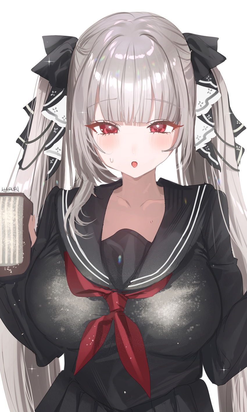 1girl :o azur_lane black_serafuku blush board_eraser breasts chalk collarbone dirty dirty_clothes formidable_(azur_lane) formidable_(the_lover's_heart_flutters_on_duty)_(azur_lane) grey_hair haruri highres large_breasts long_hair long_sleeves looking_at_viewer neckerchief official_alternate_costume pleated_skirt red_eyes red_neckerchief school_uniform serafuku simple_background skirt solo twintails very_long_hair white_background