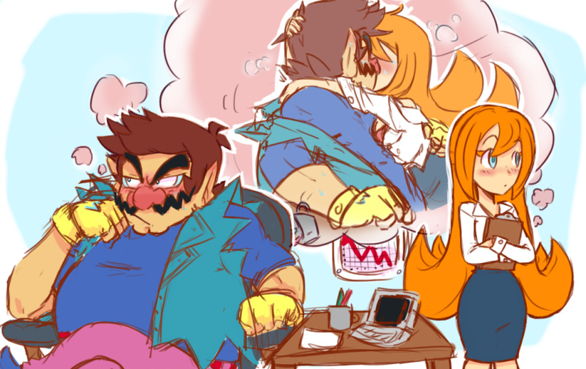 1boy 1girl big_nose blue_eyes brown_hair clipboard crossed_legs cutie-png desk facial_hair fingerless_gloves gloves kiss long_hair mona_(warioware) mustache office_lady orange_hair pants partially_unbuttoned pencil_skirt pink_pants pointy_ears skirt thought_bubble wario warioware yellow_gloves