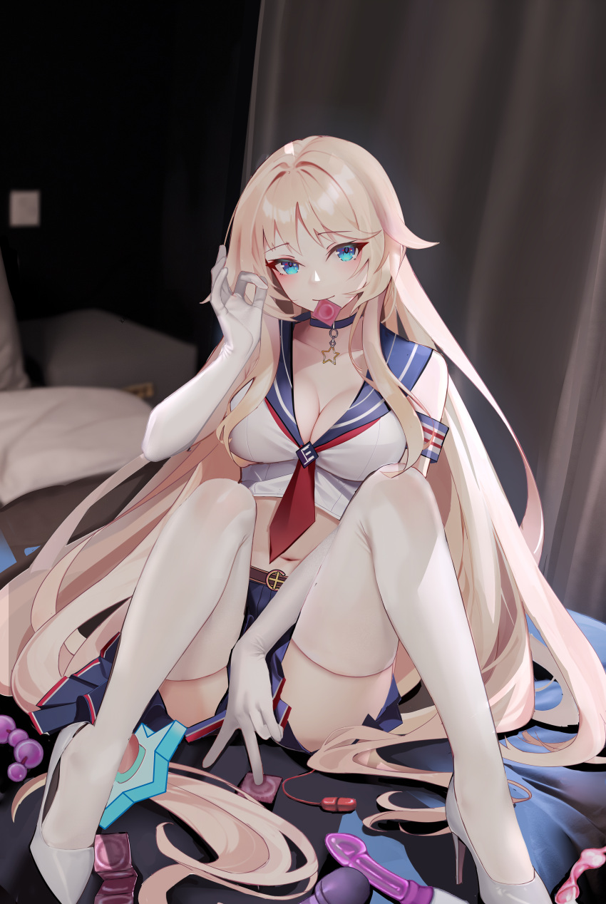 1girl absurdres anal_beads blonde_hair blue_eyes breasts choker cleavage condom condom_wrapper dildo egg_vibrator enterprise_(warship_girls_r) high_heels highres long_hair looking_at_viewer on_bed pantyhose pleated_skirt sex_toy sitting skirt solo spread_legs uss_enterprise_(cv-6) vibrator warship_girls_r white_pantyhose xnnagu