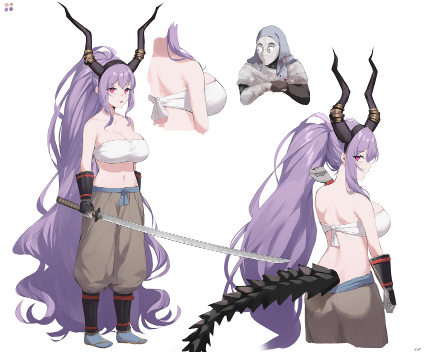 1girl absurdres arknights bare_shoulders black_gloves breasts brown_pants gloves hairband highres holding holding_sword holding_weapon horns large_breasts long_hair midriff pants ponytail purple_eyes purple_hair socks sword tail typhon_(arknights) very_long_hair weapon xooku