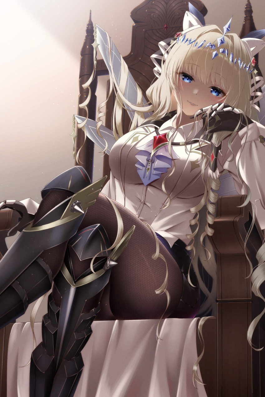 1girl armored_boots armored_gloves black_shorts blonde_hair blue_eyes boots breasts brown_pantyhose closed_mouth coat collared_shirt crossed_legs crown_(nikke) diadem drill_hair goddess_of_victory:_nikke hair_ornament headgear highres jewelry large_breasts long_hair looking_at_viewer milmil7 necklace pantyhose shirt shorts sitting smile solo thighs throne white_coat white_shirt