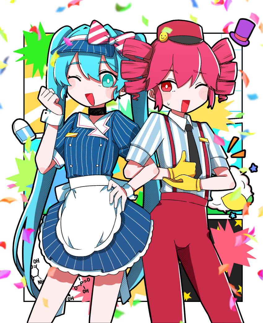 2girls apron blue_dress blue_eyes blue_hair blue_hat bow chemical_structure collared_shirt dress drill_hair eraser food fruit hair_bow hat hatsune_miku highres kasane_teto lemon long_hair looking_at_another looking_at_viewer maki_(meime) mesmerizer_(vocaloid) multiple_girls one_eye_closed open_mouth pants pink_hair pinstripe_dress pinstripe_hat pinstripe_pattern puffy_short_sleeves puffy_sleeves red_eyes red_pants shirt short_sleeves sign_language smile striped_bow striped_clothes striped_shirt suspenders sweat top_hat translated twin_drills twintails utau very_long_hair visor_cap vocaloid waist_apron waitress