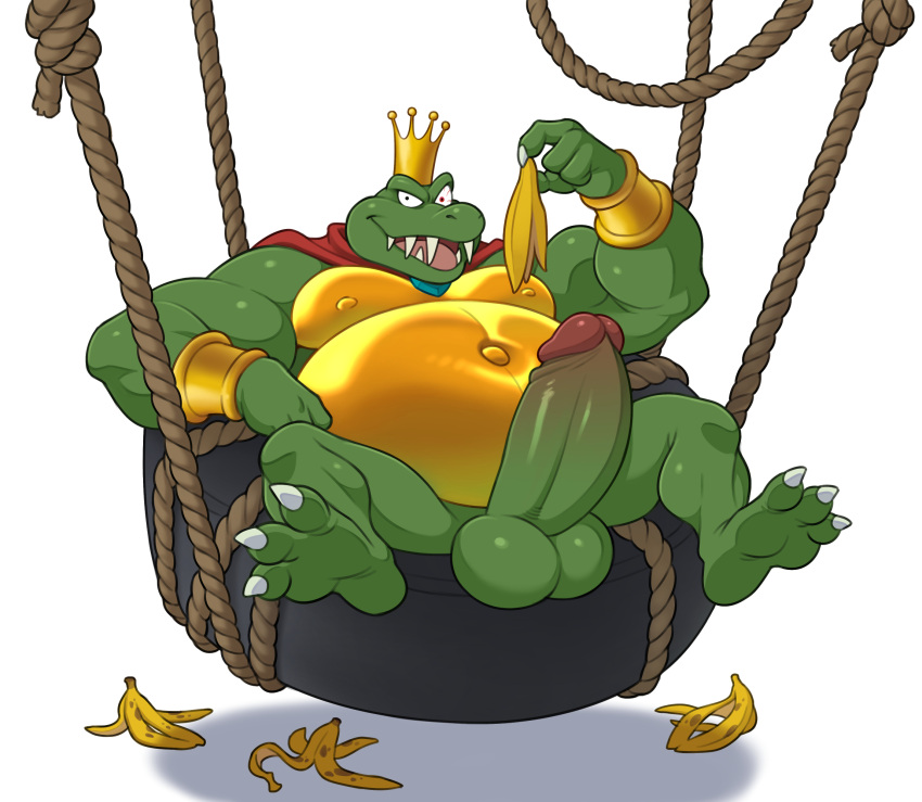 3_toes 4_fingers analon_(artist) anthro balls banana banana_peel belly big_belly big_penis cape claws clothing crown donkey_kong_(series) erection feet fingers food fruit genitals glans green_balls green_body green_penis headgear hi_res humanoid_genitalia humanoid_penis king_k._rool kremling male nintendo overweight overweight_anthro overweight_male penis plant red_cape red_clothing scalie solo tire_swing toes