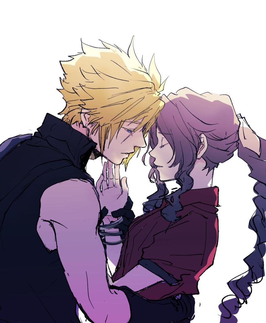 1boy 1girl absurdres aerith_gainsborough arm_around_waist armor bangle black_gloves blonde_hair blue_eyes bracelet braid braided_ponytail brown_hair closed_eyes cloud_strife couple demi_co final_fantasy final_fantasy_vii final_fantasy_vii_rebirth final_fantasy_vii_remake gloves hair_between_eyes hair_ribbon half-closed_eyes hetero highres holding_another's_wrist jacket jewelry long_hair parted_bangs parted_lips pink_ribbon puffy_short_sleeves puffy_sleeves red_jacket ribbon short_hair short_sleeves shoulder_armor sidelocks single_bare_shoulder single_braid single_shoulder_pad sleeveless sleeveless_turtleneck spiked_hair turtleneck upper_body wavy_hair white_background