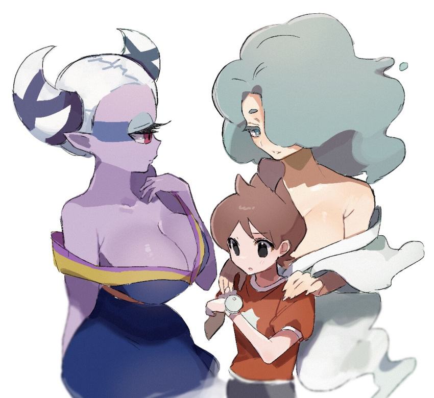1boy 2girls amano_keita aqua_eyes aqua_hair bare_shoulders black_eyes breasts brown_hair cleavage colored_skin cyclops en'enra enraenra_(youkai_watch) fuumin_(youkai_watch) hair_horns hair_over_one_eye hands_on_another's_shoulders japanese_clothes kimono kmnk_(kumanuko) large_breasts long_hair monster_girl multiple_girls off_shoulder one-eyed pointy_ears purple_skin red_shirt shirt simple_background traditional_youkai watch white_background white_hair wristwatch youkai_(youkai_watch) youkai_watch youkai_watch_(object)
