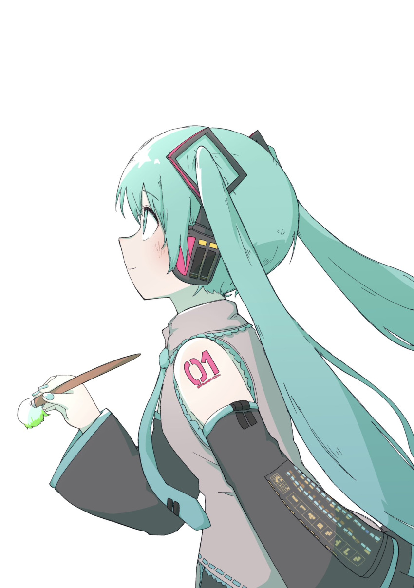 1girl bare_shoulders black_sleeves blue_eyes blue_hair blue_nails blue_necktie blush collared_shirt commentary detached_sleeves floating_hair from_side grey_shirt hair_ornament hand_up hatsune_miku headphones highres holding holding_paintbrush issen_kounen_(vocaloid) iyowa_(igusuri_please) long_hair long_sleeves looking_ahead miku_day necktie number_tattoo paintbrush profile shirt shoulder_tattoo simple_background smile solo tattoo twintails upper_body vocaloid