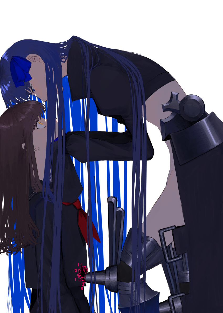 1473ex 2girls absurdres armored_boots black_jacket black_serafuku blonde_hair blood blue_eyes blue_hair blue_ribbon boots brown_hair cropped_jacket eye_contact fate/extra fate/extra_ccc fate_(series) from_side hair_ribbon hand_on_another's_face highres injury jacket kishinami_hakuno_(female) knee_spikes long_hair looking_at_another meltryllis_(fate) multiple_girls neckerchief profile red_neckerchief revision ribbon school_uniform serafuku simple_background sketch sleeves_past_fingers sleeves_past_wrists stab very_long_hair white_background yuri