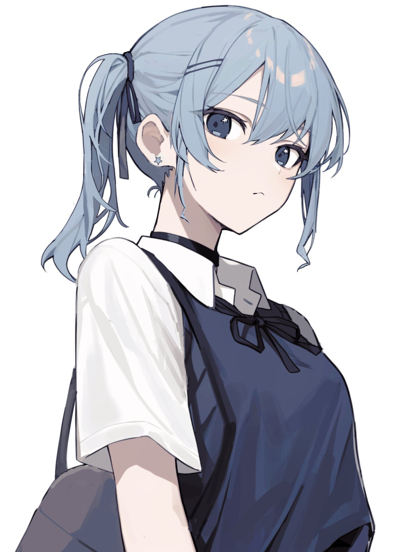 1girl alternate_costume bag blue_eyes blue_hair closed_mouth collared_shirt earrings eyelashes from_side frown hair_between_eyes highres hololive hoshimachi_suisei jewelry karyln light_blue_hair long_hair looking_at_viewer school_uniform shirt shoulder_bag side_ponytail simple_background solo star_(symbol) star_in_eye stud_earrings sweater_vest symbol_in_eye upper_body virtual_youtuber white_background