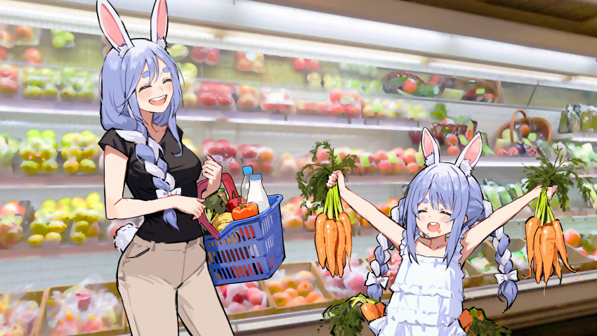 2girls absurdres aged_down alternate_costume animal_ear_fluff animal_ears basket black_shirt blue_hair blush bow braid braided_ponytail breasts brown_pants buck_teeth carrot closed_eyes commentary cowboy_shot dress food food_on_face frilled_dress frills hair_bow hair_over_shoulder hashtag-only_commentary highres holding holding_basket holding_carrot hololive jongho_bak light_blue_hair long_hair looking_at_another medium_breasts mother_and_daughter multicolored_hair multiple_girls open_mouth outstretched_arms pants pekomama photo_background rabbit_ears rabbit_girl rabbit_tail shirt shopping shopping_basket short_eyebrows short_sleeves sleeveless sleeveless_dress smile standing t-shirt tail teeth thick_eyebrows twin_braids twintails two-tone_hair upper_teeth_only usada_pekora virtual_youtuber white_bow white_dress white_hair