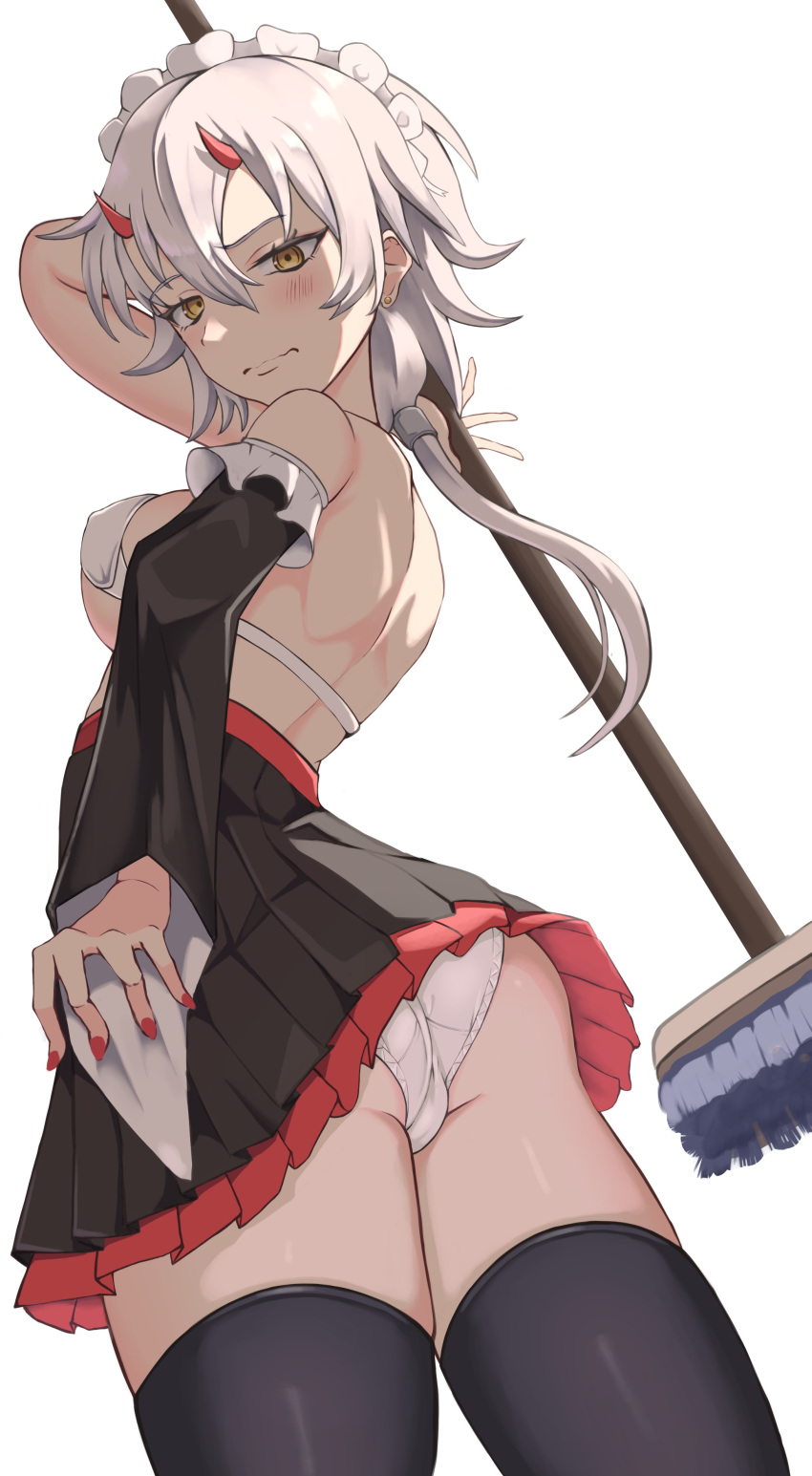 1girl absurdres alternate_costume azur_lane black_thighhighs bra detached_sleeves from_below hand_on_own_hip highres holding holding_mop kinu_(azur_lane) long_hair looking_at_viewer maid maid_headdress mop nail_polish panties pantyshot pleated_skirt rizzy skirt small_horns thighhighs underwear wavy_mouth white_background white_bra white_hair white_panties