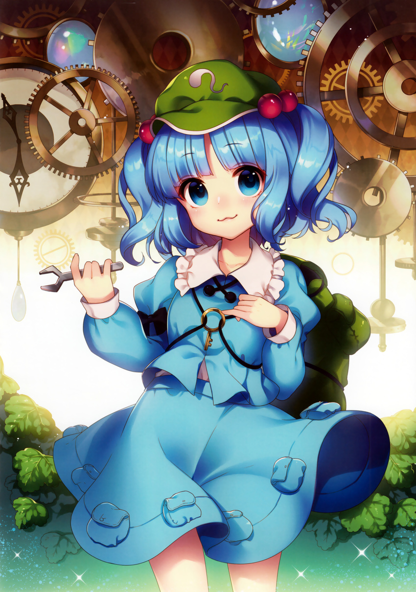 :3 absurdres backpack bag blue_eyes blue_hair blush hair_bobbles hair_ornament hat highres kawashiro_nitori key long_sleeves looking_at_viewer masaru.jp opal scan shirt skirt skirt_set smile solo sparkle string touhou twintails two_side_up vest wrench