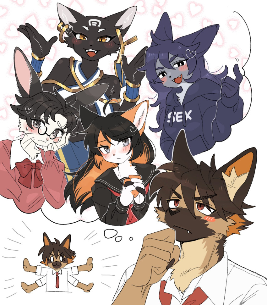 1boy 4girls animal_ears black_eyes black_fur black_hair blush body_fur borrowed_character bright_pupils brown_fur brown_hair calico cat_ears cat_girl chibi chibi_inset claws closed_mouth colored_inner_hair criss-cross_halter dog_boy dog_ears dog_girl ear_piercing earrings egyptian egyptian_clothes english_commentary fang fang_out fangs furry furry_female furry_male german_shepherd glasses grey_eyes grey_fur halterneck hand_in_pocket hand_on_own_cheek hand_on_own_face hand_up hands_up hetero highres hood hoodie hoop_earrings jewelry long_hair looking_at_viewer multicolored_hair multiple_girls oji_(norahasu) open_mouth orange_fur orange_hair original own_hands_together piercing rabbit_ears rabbit_girl rata_(norahasu) round_eyewear short_hair simple_background slit_pupils thought_bubble two-tone_hair upper_body very_short_hair whiskers white_background white_fur white_pupils yellow_eyes