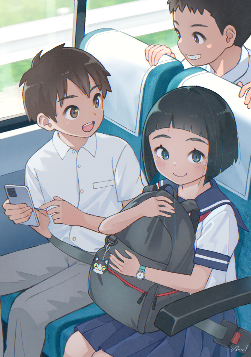 1girl 2boys :t absurdres backpack bag bag_on_lap black_eyes black_hair blue_eyes blue_skirt blunt_ends blush bob_cut bus_interior cellphone charm_(object) closed_mouth collared_shirt excited grey_pants grin highres holding holding_bag holding_phone looking_at_viewer multiple_boys open_mouth original pants phone pleated_skirt sailor_collar school_uniform seatbelt serafuku shirt shirt_tucked_in short_sleeves skirt smartphone smile taka_(tsmix) uniform watch white_shirt wristwatch