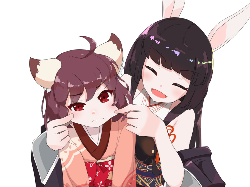 2girls ahoge animal_ears bismuthoekaki black_hair black_kimono blush brown_hair cat_ears cat_girl cheek_pinching cheek_pull closed_eyes closed_mouth commentary_request frown hime_cut ichihime japanese_clothes kaguyahime_(mahjong_soul) kimono long_hair looking_at_viewer mahjong_soul medium_bangs multiple_girls obi open_mouth pinching pink_kimono rabbit_ears rabbit_girl red_eyes red_sash sash short_hair simple_background smile upper_body v-shaped_eyebrows white_background