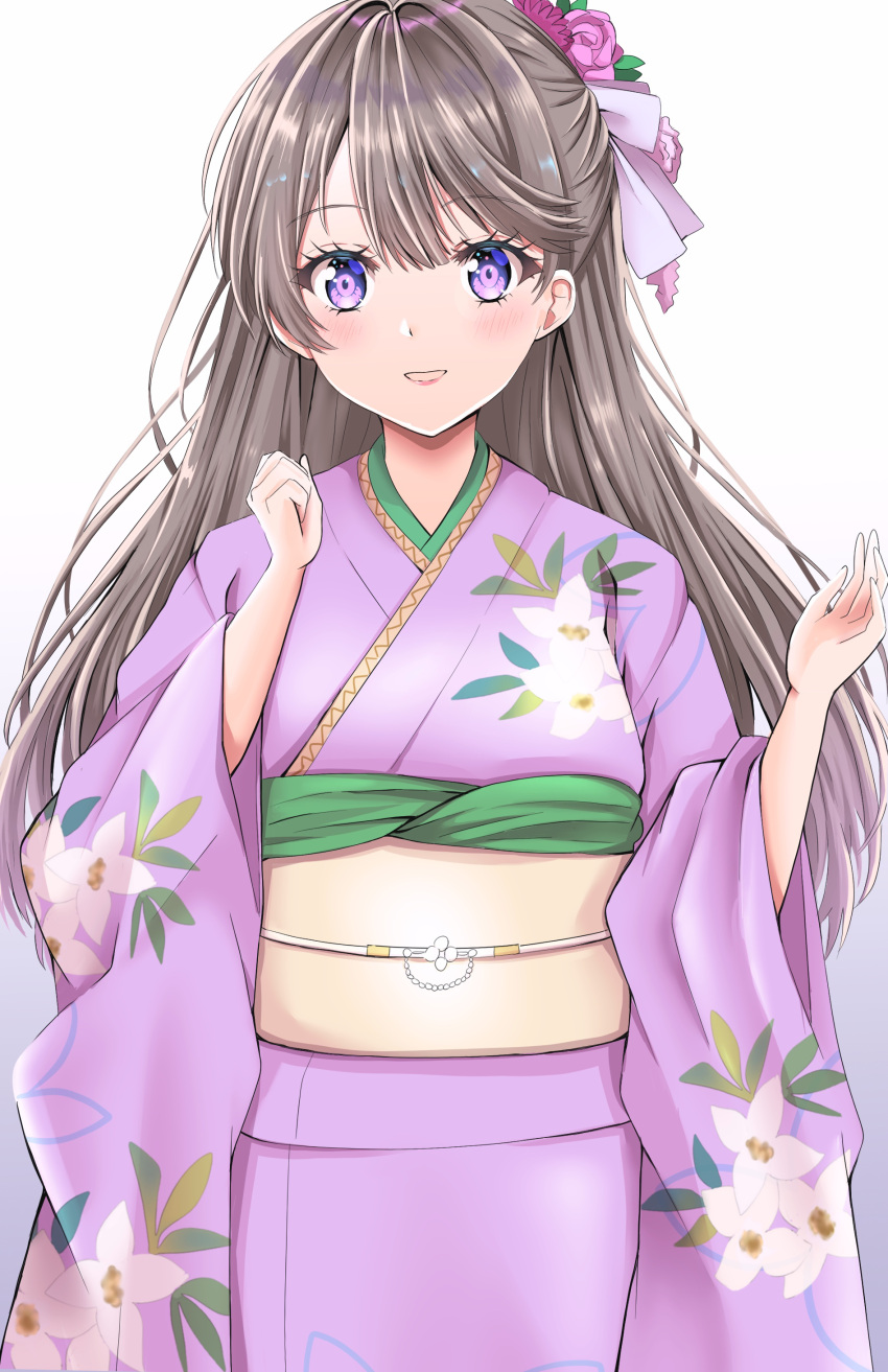 1girl :d absurdres alternate_costume blush brown_hair commentary cowboy_shot floral_print_kimono flower fujishima_megumi furisode hair_flower hair_ornament hands_up highres japanese_clothes kimono link!_like!_love_live! long_hair looking_at_viewer love_live! meimaru obi open_mouth purple_eyes purple_kimono sash simple_background smile solo straight-on symbol-only_commentary two_side_up virtual_youtuber white_background yellow_sash