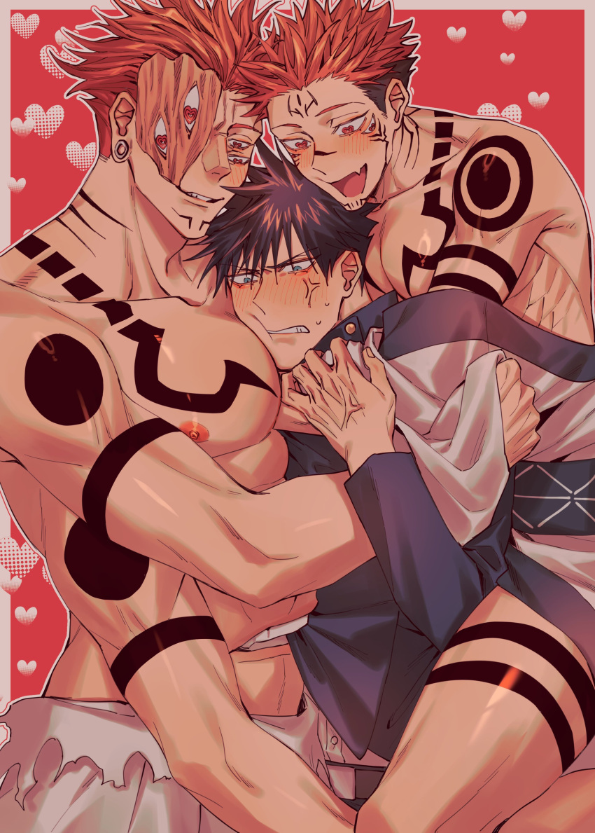 3boys abs absurdres anger_vein azukiharuta_ju biting_another's_clothes black_hair black_jacket blush border chest_tattoo clenched_teeth collarbone cowboy_shot ear_piercing extra_arms extra_mouth fang fang_out forehead_tattoo fushiguro_megumi green_eyes heart heart_background highres jacket jujutsu_kaisen jujutsu_tech_uniform large_pectorals long_sleeves male_focus multiple_boys muscular muscular_male nipples open_mouth parted_lips pectorals piercing pink_eyes pink_hair red_background robe ryoumen_sukuna_(jujutsu_kaisen) ryoumen_sukuna_(true_form)_(jujutsu_kaisen) short_hair shoulder_tattoo smile tattoo teeth undercut white_border white_robe yaoi