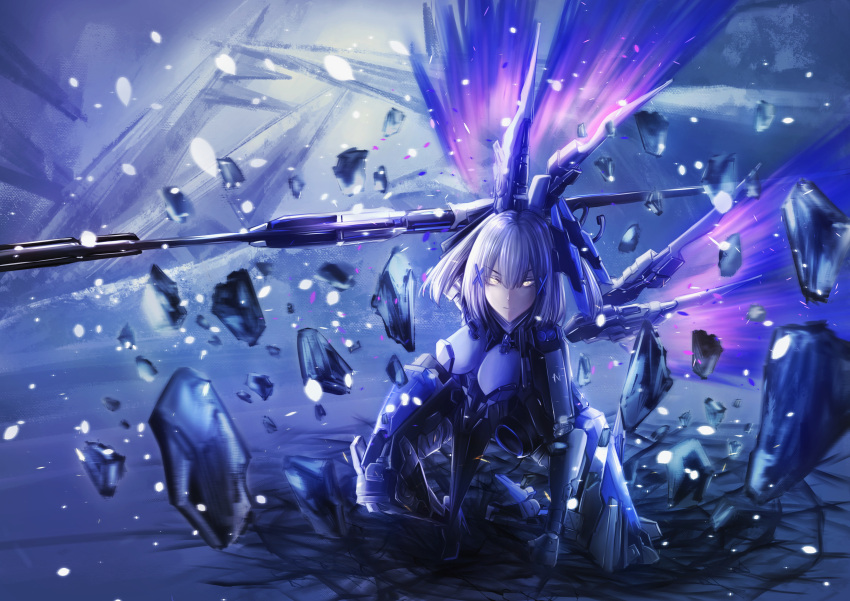 1girl absurdres breasts crack cracked_floor energy_wings grey_hair hachi_shoku_mare hair_ornament highres holding holding_polearm holding_weapon joints large_breasts mechanical_arms mechanical_parts mechanical_wings medium_hair polearm punishing:_gray_raven robot_joints rosetta_(punishing:_gray_raven) solo weapon wings x_hair_ornament yellow_eyes