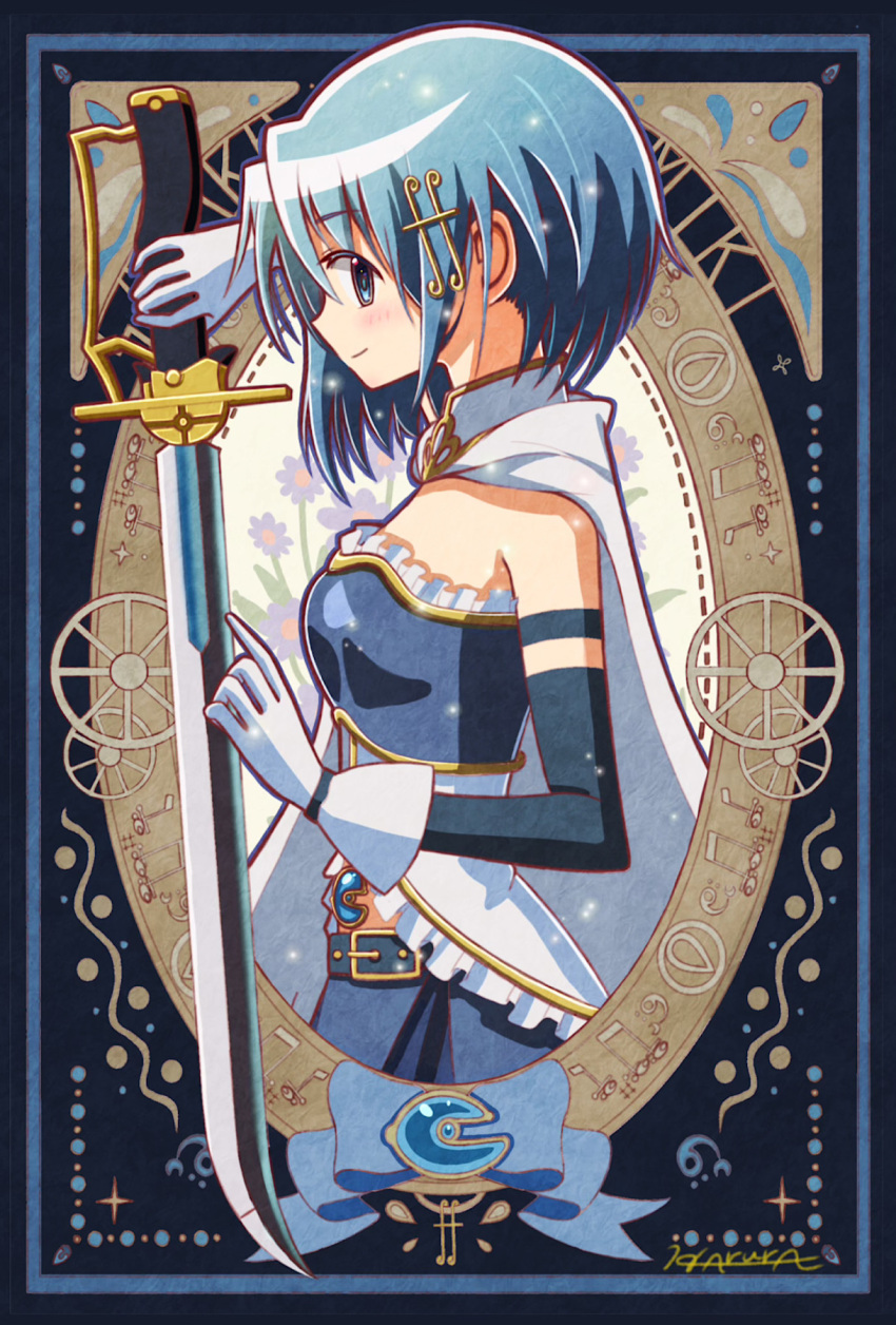 1girl art_nouveau artist_name belt black_sleeves blue_belt blue_eyes blue_hair blush breasts cape character_name closed_mouth commentary_request detached_sleeves from_side gloves hair_ornament highres holding holding_sword holding_weapon looking_at_viewer magical_girl mahou_shoujo_madoka_magica mahou_shoujo_madoka_magica_(anime) medium_breasts medium_hair miki_sayaka musical_note musical_note_hair_ornament sideways_glance signature solo sword weapon white_cape white_gloves yae_harura