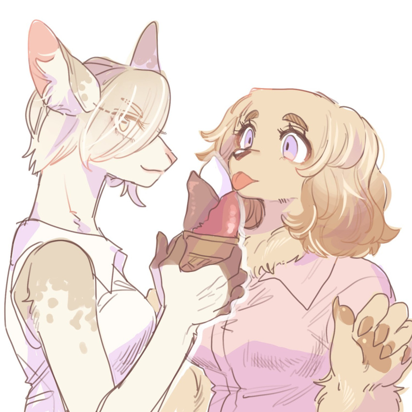 1boy 1girl animal_ear_fluff animal_ears animal_hands blonde_hair brown_fur brown_hair claws collared_shirt commentary eating food furry furry_female goat_ears goat_girl hands_up highres holding holding_food holding_ice_cream holding_ice_cream_cone horizontal_pupils ice_cream ice_cream_cone licking looking_at_another looking_at_viewer original pink_shirt purple_eyes rata_(norahasu) shirt short_hair simple_background sleeveless sleeveless_shirt smile symbol-only_commentary tongue tongue_out triple_scoop upper_body white_background white_shirt