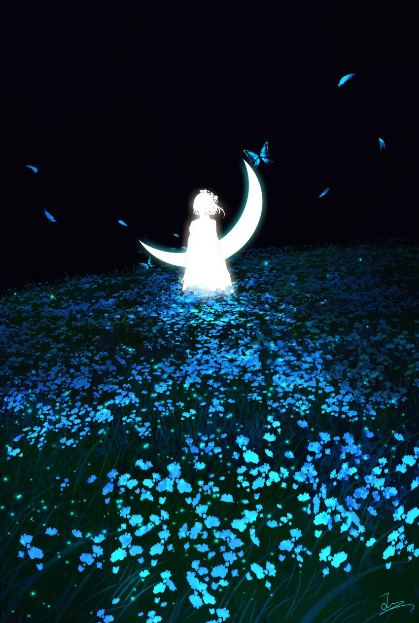 1girl arms_at_sides blue_flower crescent_moon dress facing_ahead falling_petals field flower flower_field from_behind grass highres landscape moon nature night original outdoors petals scenery short_hair signature silhouette skyrick9413 solo wide_shot