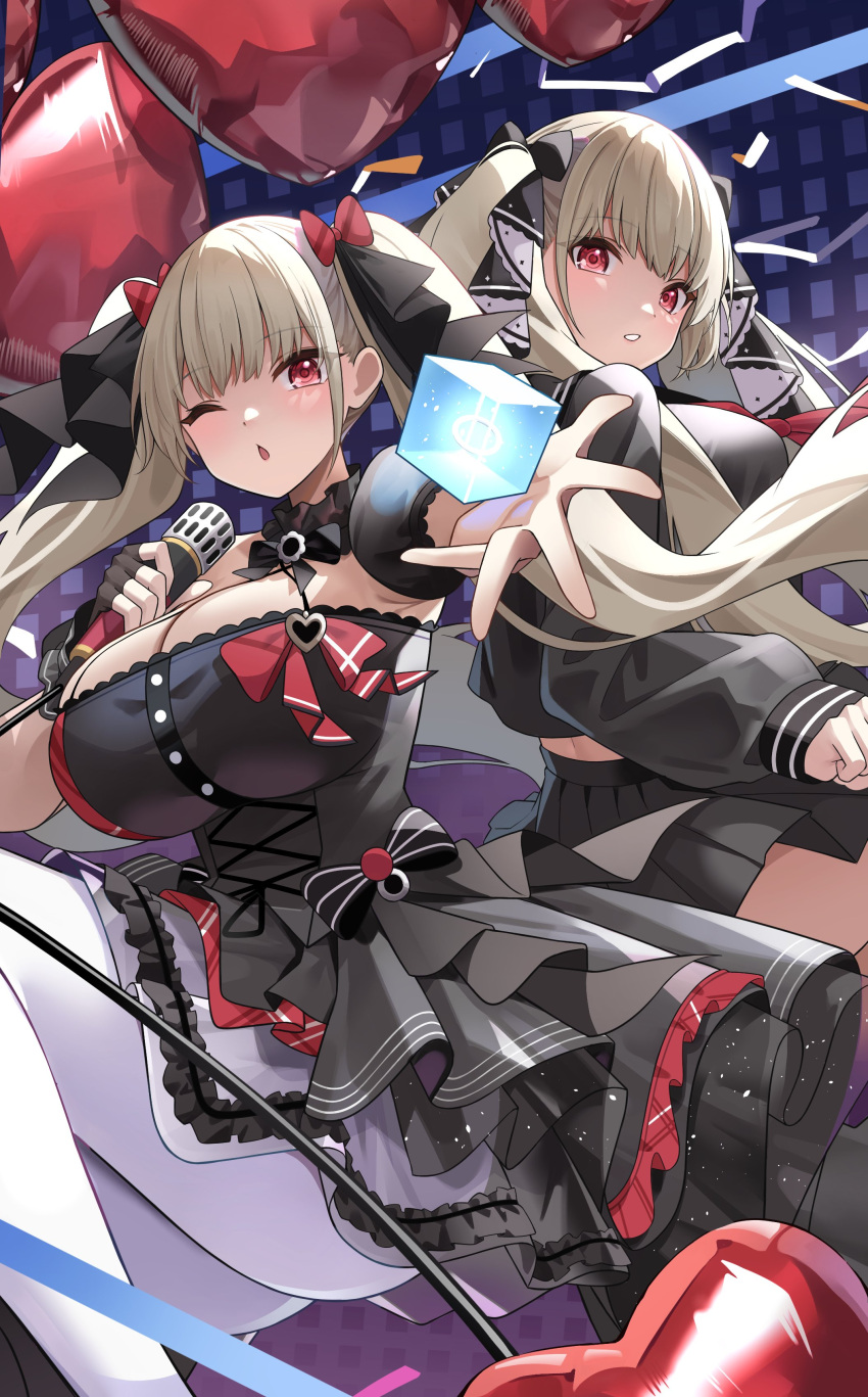 2girls absurdres azur_lane black_dress black_gloves black_scrunchie black_shirt black_skirt bow breasts cleavage dress fingerless_gloves floating_hair formidable_(azur_lane) formidable_(muse)_(azur_lane) formidable_(the_lover's_heart_flutters_on_duty)_(azur_lane) gloves grey_hair hair_bow highres large_breasts long_hair long_sleeves looking_at_viewer looking_back multiple_girls one_eye_closed pantyhose parted_lips red_bow red_eyes school_uniform scrunchie shirt single_glove skirt soar_sora222 twintails very_long_hair white_pantyhose wrist_scrunchie
