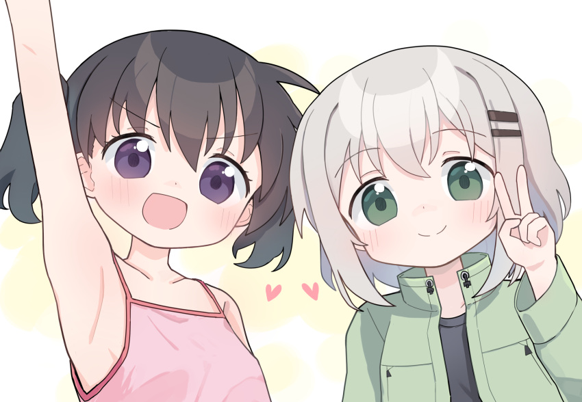 2girls :d arm_up armpits bare_arms bare_shoulders black_hair black_shirt blush camisole collarbone commission green_eyes green_jacket grey_hair hair_between_eyes hair_ornament hairclip hand_up heart highres jacket kibisake kuraue_hinata long_sleeves multiple_girls open_clothes open_jacket pink_camisole puffy_long_sleeves puffy_sleeves purple_eyes shirt skeb_commission smile twintails upper_body v v-shaped_eyebrows yama_no_susume yukimura_aoi