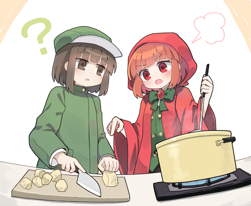 2girls :o ? blush bow brooch brown_background brown_eyes brown_hair commission cooking cooking_pot copyright_request cutting_board flat_cap food green_bow green_hat green_jacket green_vest hat holding holding_knife hood hood_up hooded_jacket jacket jewelry kibisake knife ladle long_sleeves multiple_girls open_clothes open_jacket open_mouth orange_hair parted_lips pointing red_eyes red_jacket shirt skeb_commission two-tone_background upper_body vest white_background white_shirt wide_sleeves