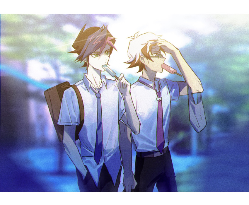 2boys bad_id bad_lofter_id bag black_pants blue_hair blue_necktie brown_bag collared_shirt day food food_in_mouth fujiki_yusaku glasses green_eyes hand_in_pocket hand_on_own_forehead hand_up highres holding holding_food holding_popsicle homura_takeru hot looking_to_the_side looking_up male_focus multicolored_hair multiple_boys naoki_(2rzmcaizerails6) necktie outdoors pants pink_hair pink_necktie popsicle popsicle_in_mouth rectangular_eyewear red_hair school_uniform shirt short_hair shoulder_bag spiked_hair standing streaked_hair upper_body walking white_hair white_shirt yu-gi-oh! yu-gi-oh!_vrains